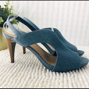Impo Tova blue denim heels peep toe wood heel 9.5M